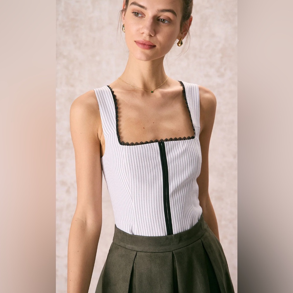 NWT RIHOAS The Grey Square Neck Striped Tank Top Sz L